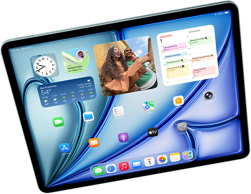 Landscape view of iPad Air showcasing Apple Intelligence with Image Playground, and Keynote, Apple Pencil Pro