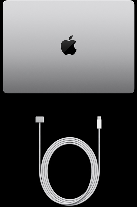 14-tolline MacBook Pro, MagSafe 3 liidesega USB‑C kaabel ja toiteadapter