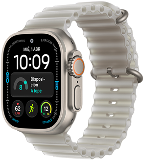 Apple Watch Ultra 4, caja de titanio, color natural, esfera Modular, complicaciones: fecha y día, disposición, frecuencia cardiaca, entreno Correr, Tiempo, lateral derecho, Digital Crown, botón lateral elevado, correa Ocean, color gris traslúcido