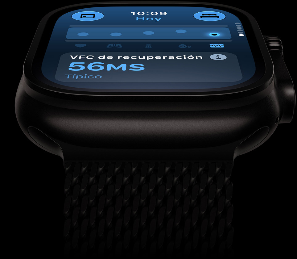 Apple Watch Ultra 4, titanium case, black color, HRV within typical range, titanium Milanese Loop band, black color