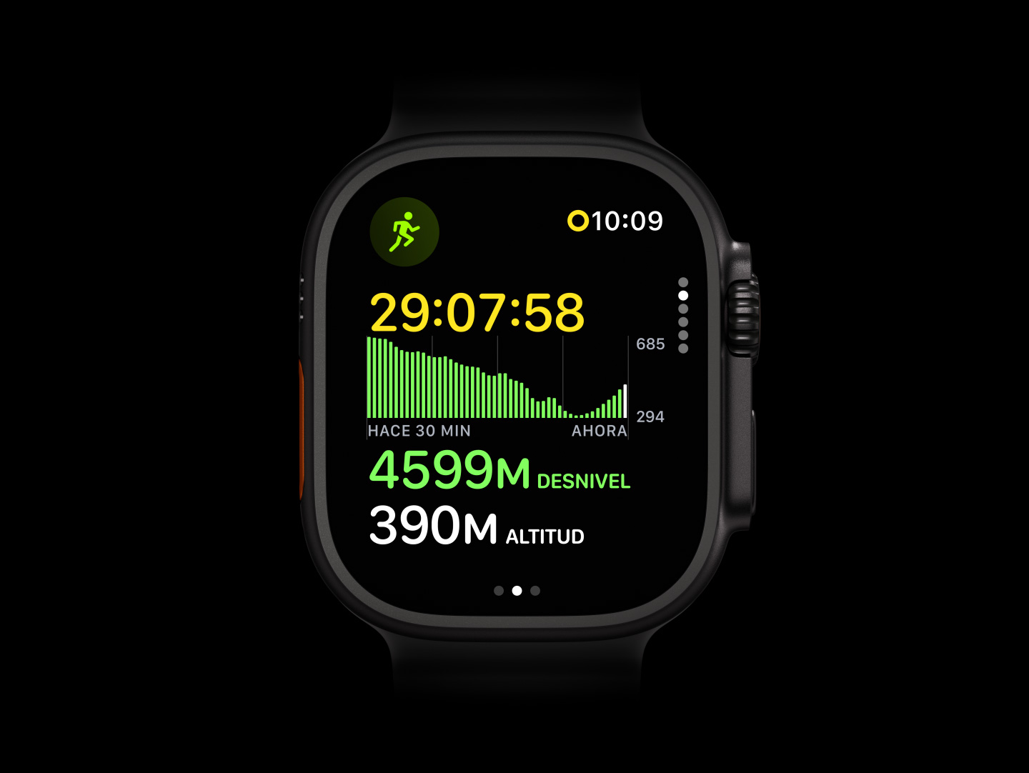 Apple Watch Ultra 4, caja de titanio, color negro, entreno Correr con una gráfica del desnivel, lateral derecho, Digital Crown, botón lateral elevado, correa Ocean color gris traslúcido