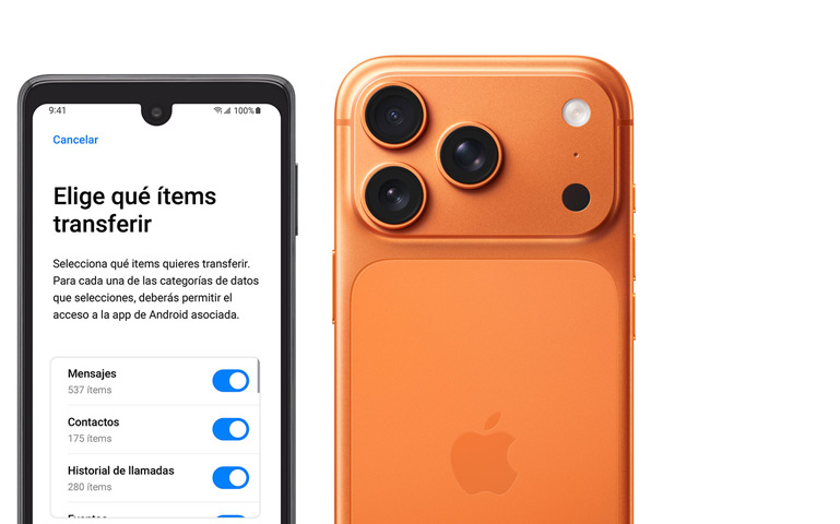 Dispositivos uno al lado del otro, teléfono Android con la app Pasar a iOS, iPhone 17 Pro, parte trasera, sistema de cámaras Pro Fusion, tres objetivos, micrófono, flash