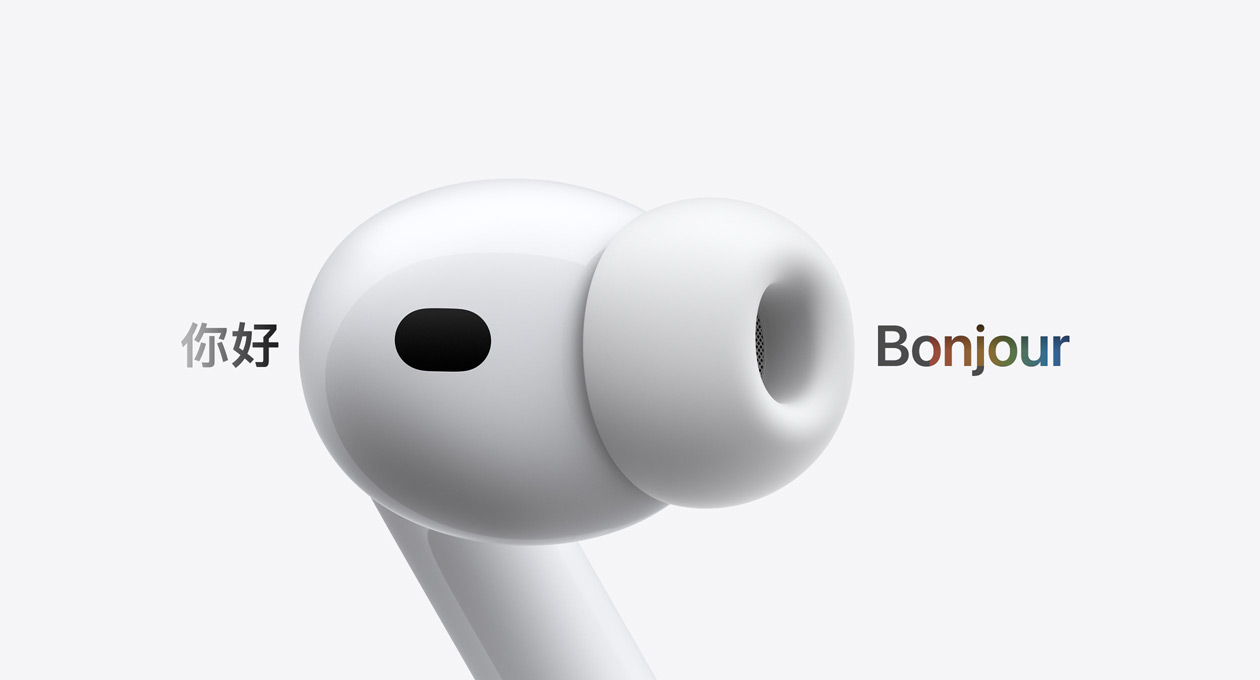 AirPods Pro 3, écouteur avec embout en silicone, Traduction en direct remplace le texte en espagnol « hola » par le texte en français « bonjour »