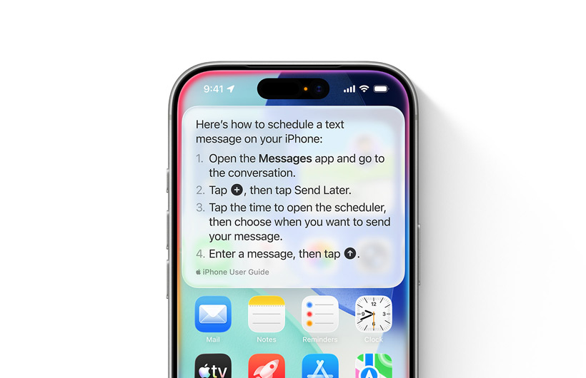 Ein iPhone zeigt eine Schritt-für-Schritt Anleitung, wie eine Textnachricht später gesendet werden kann