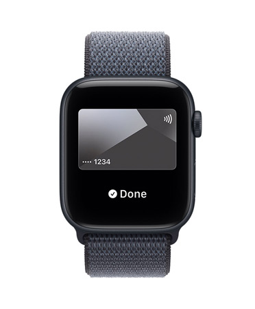 Apple Watch SE 3, alumiinikuori, värinä keskiyö, Apple Pay Applen Lompakossa, näkymä oikeasta sivusta, Digital Crown, ranneke, Sport Loop, värinä ankkurinsininen