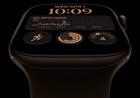 Apple Watch Series 12, aluminium case, dark bronze colour, Modular watch face, complications: day and date, Workouts, Activity rings, Apple Music, right side exterior, Digital Crown, Sport Band, olive colour