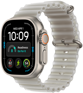 Apple Watch Ultra 4 med urkasse i titanium i farven naturlig, Modulær-urskive med komplikationerne dag og dato, kapacitet, puls, træningstypen Løb og Vejr, Digital Crown og hævet sideknap i højre side, Ocean-rem i farven halvtransparent grå