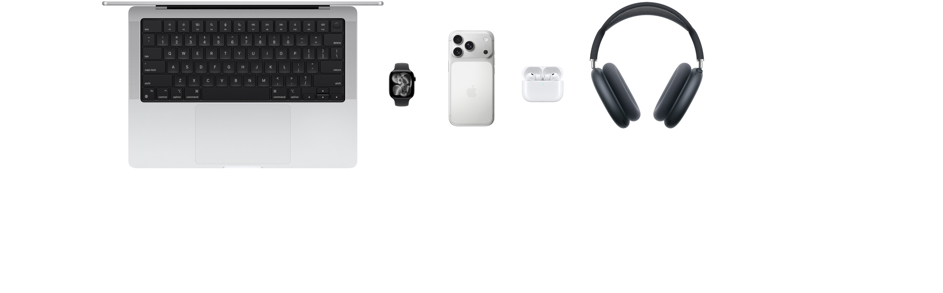 Plusieurs produits Apple, dont un MacBook, une Apple Watch Series 11, un iPhone 17 Pro, des AirPods Pro 3 et des AirPods Max