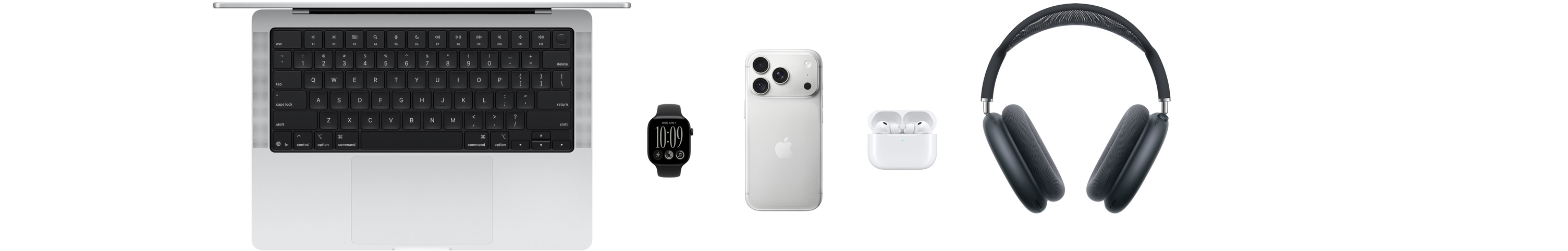 Verschillende Apple producten, waaronder een MacBook, een Apple Watch Series 11, een iPhone 17 Pro, AirPods Pro 3, AirPods Max