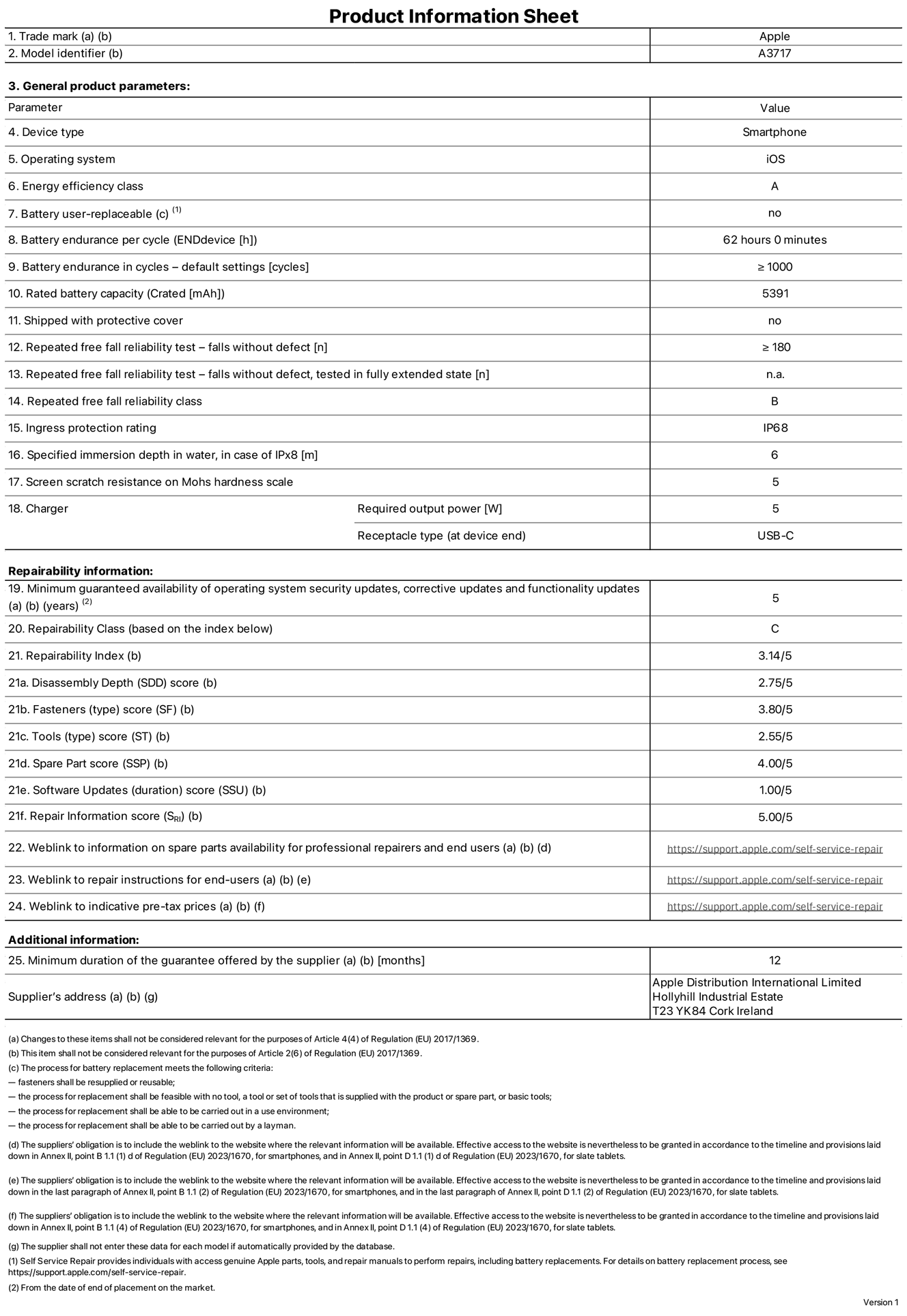 Product information sheet for iPhone 18 Pro Max, model A3717. Supplied by Apple Distribution International Limited, Hollyhill Industrial Estate, Cork, Ireland, T23 YK84. Device type: smartphone. Operating system: iOS. Energy efficiency class: A. Battery user-replaceable: no. Battery endurance per cycle: 62 hours. Battery endurance in cycles — default settings: greater than or equal to 1,000. Rated battery capacity: 5,391 milliampere-hours. Shipped with protective cover: no. Repeated free fall reliability test — falls without defect: greater than or equal to 180. Repeated free fall reliability test — falls without defect tested in fully extended state: not applicable. Repeated free fall in reliability class: B. Ingress protection rating: IP68. Specified immersion depth in water, in case of iPx8: 6 metres. Screen scratch resistance on Mohs hardness scale: 5. Charger required output power: 5 watts. Charger receptacle type (at device end): USB‑C. Minimum guaranteed availability of operating system security updates, corrective updates and functionality updates: 5 years. Repairability class: C. Repairability index: 3.14/5. Disassembly Depth (SDD) score: 2.75/5. Fasteners score: 3.80/5. Tools score: 2.55/5. Spare part score: 4.00/5. Software updates score: 1.00/5. Repair information score: 5.00/5. Weblink to information on spare parts availability for professional repairers and end users: https://support.apple.com/self-service-repair. Weblink to repair instructions for end users: https://support.apple.com/self-service-repair. Weblink to indicative pre-tax prices: https://support.apple.com/self-service-repair. 12-month general guarantee offered.