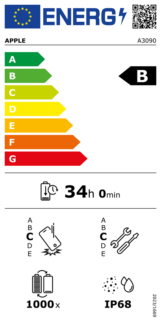 QR-kod för energimärkning och information (EU), Apple-modell A3090, klass B, klasser för energieffektivitet (skala från A till G), A (mest effektiv) till G (minst effektiv), batteritid per laddningscykel, 34 timmar och 0 minuter vid full laddning, tillförlitlighet vid upprepat fritt fall: klass C, A (mest robust) till E (minst robust), reparerbarhet: klass C, A (mest reparerbar) till E (minst reparerbar), batteriets livslängd i antal cykler: 1000, IP68-klassad damm- och vattentålighet, förordning 2023/1669.