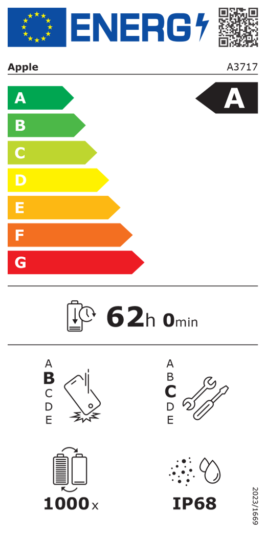 Etiqueta energética da UE, código QR e informações, modelo A3717 da Apple, classe A, classes de eficiência energética (na escala de A a G), A (mais eficiente) a G (menos eficiente), autonomia da bateria por ciclo, 62 horas e 0 minutos por carga completa da bateria, classe B de fiabilidade em quedas livres sucessivas, A (mais robusto) a E (menos robusto), classe C de reparabilidade, A (mais reparável) a E (menos reparável), 1000 ciclos de autonomia da bateria, classificação IP68 de proteção contra a entrada de pó e água, regulamento 2023/1669.