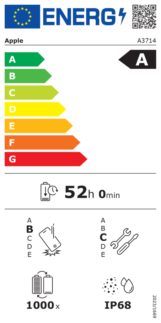 EU-energimærke, QR-kode og information, Apple-model A3714, klasse A, energieffektivitetsklasser (med en skala fra A til G), A (mest effektiv) til G (mindst effektiv), batteriholdbarhed pr. cyklus: 52 timer og 0 minutter pr. fuld batteriopladning, klasse B for holdbarhed ved gentagne frie fald, A (mest robust) til E (mindst robust), klasse C for reparerbarhed, A (mest reparerbar) til E (mindst reparerbar), batteriholdbarhed på 1000 cyklusser, IP-klassificering for støv- og vandbeskyttelse: IP68, forordning 2023/1669.