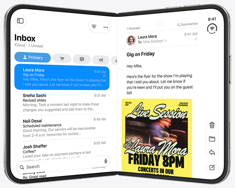 iPhone Duo staat rechtop, geopend als een boek, links de Siri-app, rechts de Berichten-app.