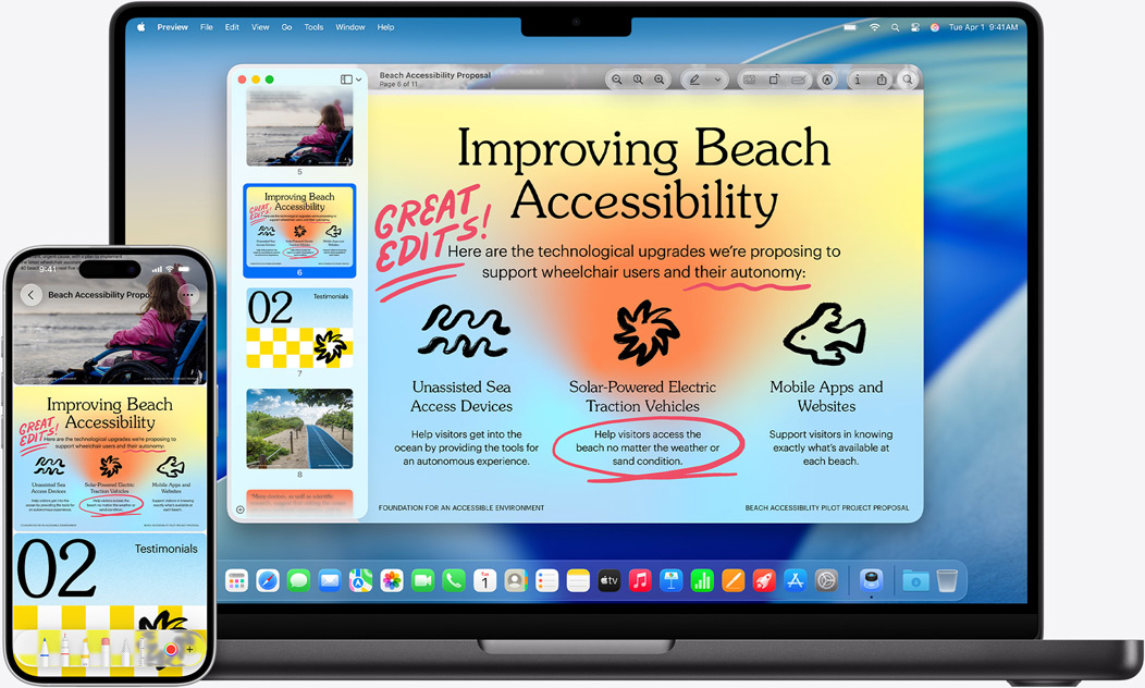 iPhone ja MacBook vierekkäin, MacBookissa näkyy peilattu kuva. Kalenteri- ja Muistiinpanot-widgetit ovat näytön yläreunan lähellä, apit alareunan lähellä.