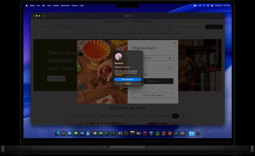 Finestra a comparsa che invita a usare il Touch ID per accedere a un sito web in Safari
