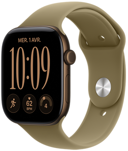 Apple Watch Series 12, aluminum case, dark bronze color, right side exterior, Digital Crown dial, microphone, side button, connected to Sport Band, olive color (earthy green), pin-and-tuck closure (silver pin)