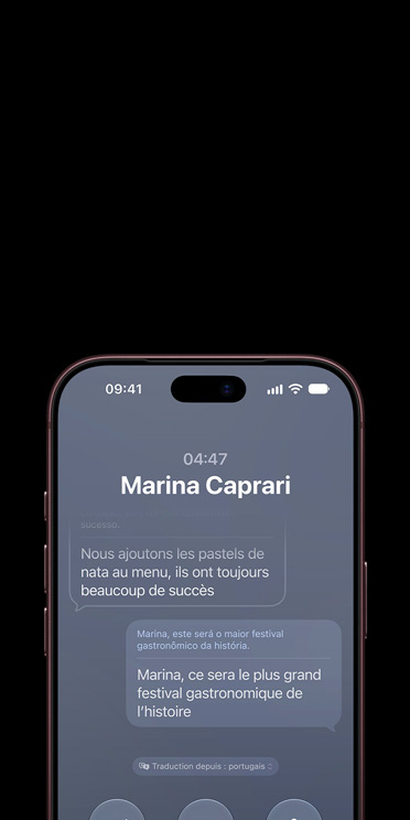 iPhone 18 Pro, Burgundy color, partial front exterior, display screen shows conversation with Siri AI using Apple Intelligence, calendar app displayed below an iMessage about a deck treatment