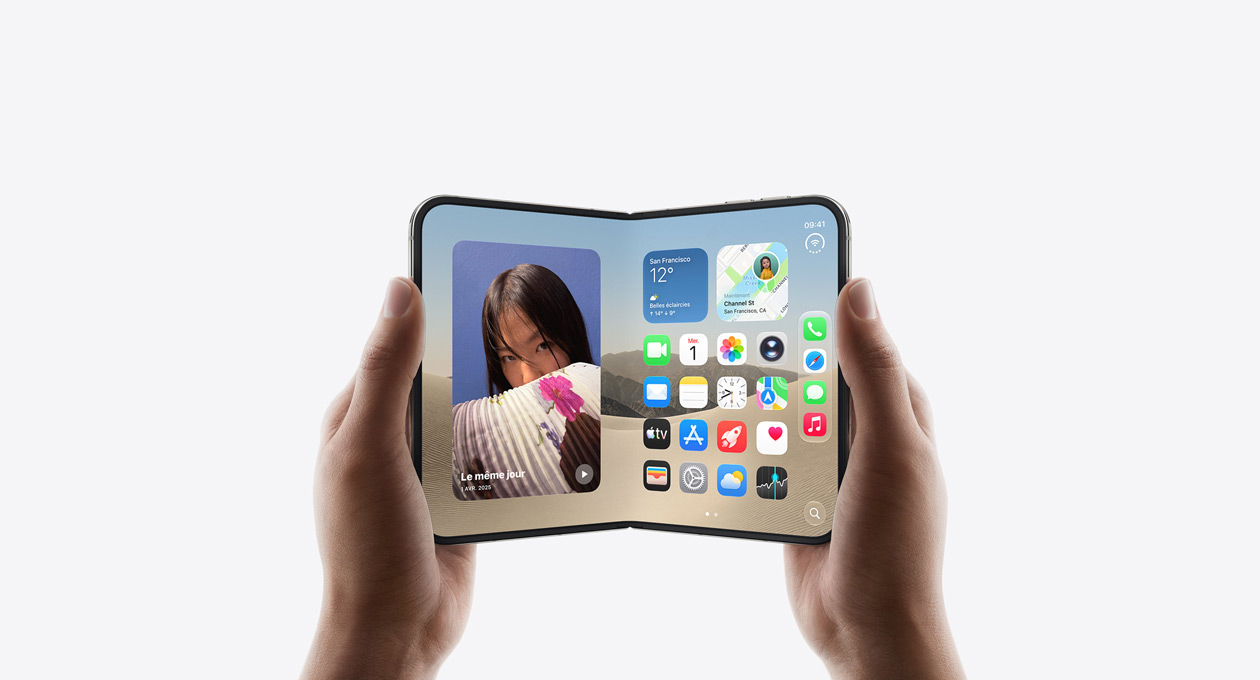 iPhone Duo, held by two hands in open landscape position, inside exterior, Star White color, iOS home screen display, photos on the left, apps on the right