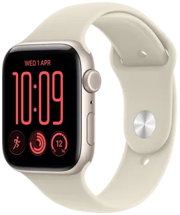 Apple Watch SE 3，星光色鋁金屬錶殼，配搭沙色運動錶帶，螢幕顯示組合錶面上的複雜功能，包括日期、跑步體能訓練、健身記錄圓圈、天氣，機身右側有數碼錶冠、側邊按鈕