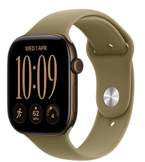 Apple Watch Series 12, aluminum case, dark bronze color, Modular Compact watch face, complications: day and date, Run workout, heart rate, readiness, right side exterior, Digital Crown, side button, Sport Band, olive color