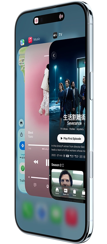 iPhone Air 機身正側面顯示地圖、音樂與 Apple TV+ app，展示使用 App 切換器功能