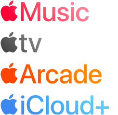 Előfizetéses Apple-szolgáltatások logói: Apple Music, Apple TV, Apple Arcade és iCloud+