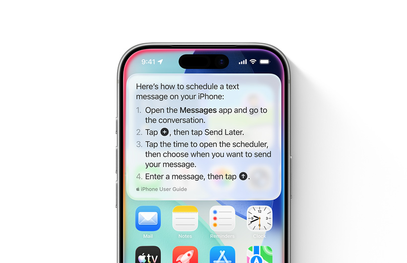 Egy iPhone képernyőjén lépésenkénti útmutatás arról, hogyan ütemezhető be egy szöveges üzenet későbbi elküldése