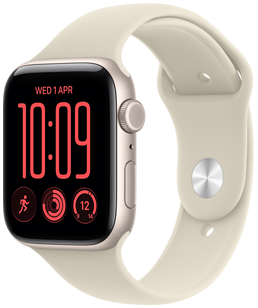 Apple Watch SE 3 csillagfényszín alumíniumtokkal, Digital Crown forgatógombbal a tok jobb oldalán, mikrofonnal, oldalsó gombbal, homokszín (világosdrapp) sportszíjjal, bújtatós rögzítővel (ezüstszínű rögzítő)