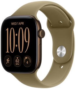 Apple Watch Series 12 sötét bronzszínű alumíniumtokkal, Moduláris számlap, komplikációk: nap és dátum, Edzések, pulzus és felkészültség, Digital Crown forgatógomb a tok jobb oldalán, oldalsó gomb, olívaszínű sportszíj