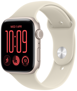 Apple Watch SE 3, csillagfényszínű alumíniumtokkal, Moduláris számlap, komplikációk: nap és dátum, Edzések, Tevékenységgyűrűk és hőmérséklet, Digital Crown forgatógomb a tok jobb oldalán, oldalsó gomb, homokszín sportszíj