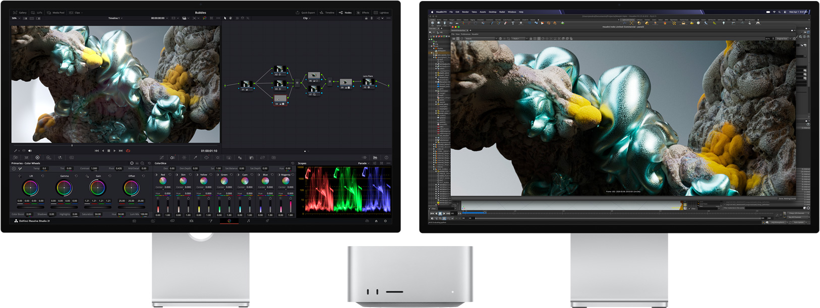 Studio Display, a kijelzőn a DaVinci Resolve Studio egy nagyított absztrakt többszínű, kinagyított képpel, mellette egy Studio Display XDR, amelynek a kijelzőjén a Houdini és a Maxon Redshift jeleníti meg ugyanazt a képet