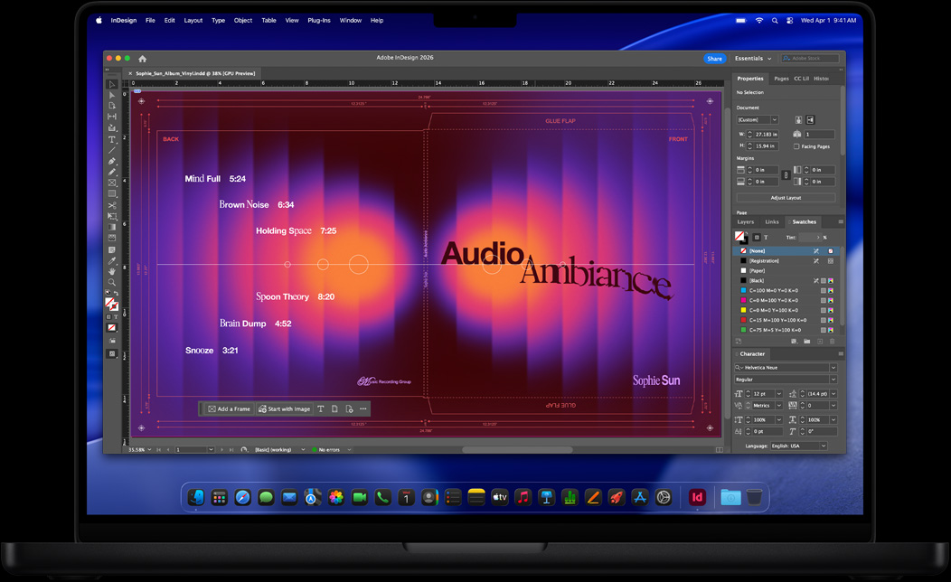 Egy hanglemez borítójának készítése az Adobe InDesignban, egy MacBook Pro kijelzőjén