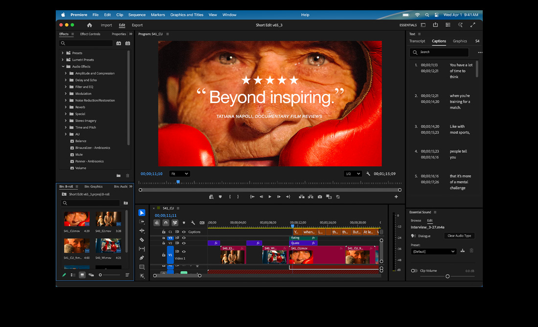 Az Eternal Play című film vágás közben az Adobe Premiere-ben, egy MacBook Pro kijelzőjén