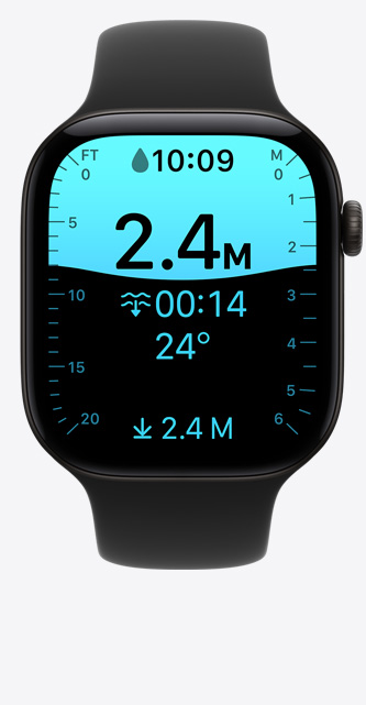 Apple Watch Series 12 fekete alumíniumtokkal, a kijelzőn a Mélység app, amely 8 láb mély merülést mutat, fekete sportszíj