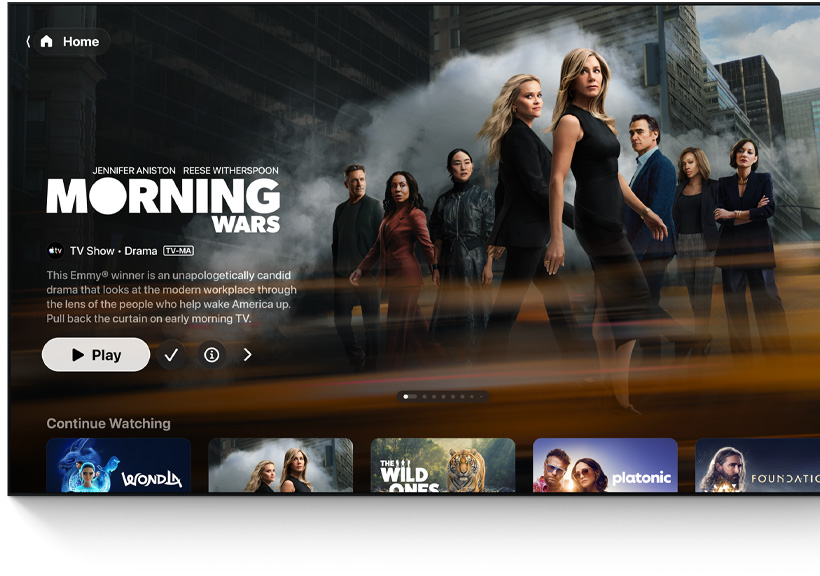 Televisi layar datar yang menampilkan UI layar home aplikasi Apple TV