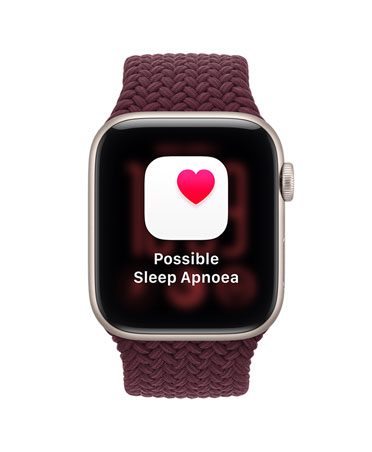 Apple Watch SE 3, aluminum case, starlight color, possible sleep apnoea notification, pink heart in white box, right side exterior, Digital Crown, Sport Loop, forest color