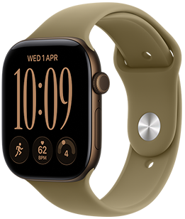 Apple Watch Series 12, aluminium case, dark bronze colour, Modular Compact watch face, complications: day and date, Workouts, heart rate, readiness, right side exterior, Digital Crown, side button, Sport Band, olive colour