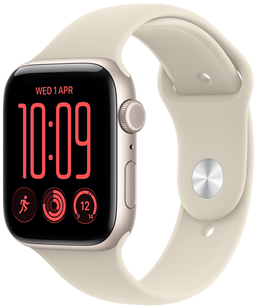 Apple Watch SE 3, aluminium case, starlight colour, Modular watch face, complications: day and date, Workouts, Activity rings, temperature, right side exterior, Digital Crown, side button, Sport Band, sand colour