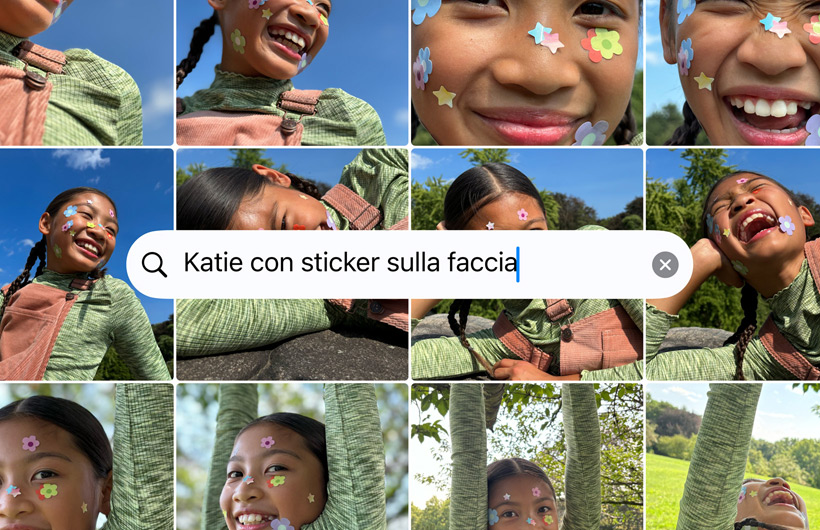 Una griglia di foto basate sulla ricerca: Katie con adesivi sul volto.