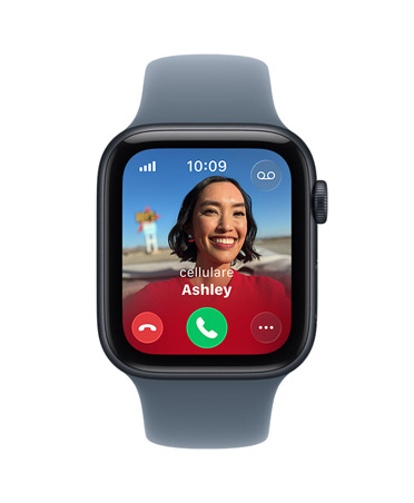Apple Watch SE 3, cassa in alluminio color mezzanotte, chiamata in arrivo, foto contatto, pulsanti per accettare e rifiutare la chiamata, lato destro, Digital Crown, cinturino Sport viola nebbia