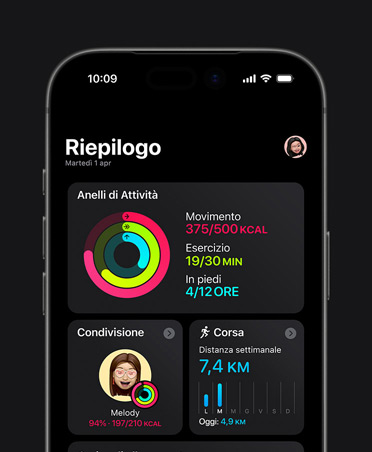 iPhone 17, riepilogo di dati sul fitness, anelli Attività, Movimento, Esercizio e In piedi, condivisione dell’attività fisica con altre persone, statistiche settimanali per l’allenamento Corsa, Carico di allenamento