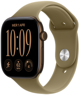 Apple Watch Series 12, cassa in alluminio color bronzo scuro, quadrante Modulare compatto, complicazioni: giorno e data, allenamento Corsa, frequenza cardiaca, Preparazione, lato destro, Digital Crown, tasto laterale, cinturino Sport oliva