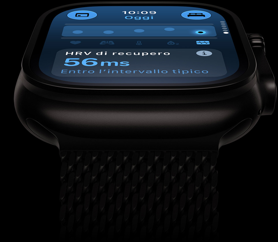 Apple Watch Ultra 4, titanium case, black color, HRV within typical range, titanium Milanese Loop band, black color