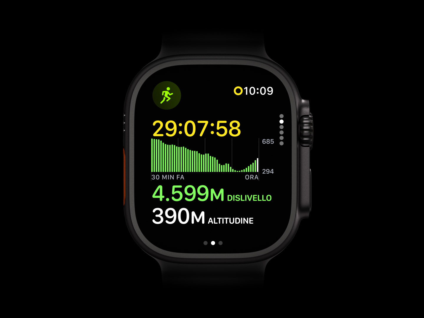 Apple Watch Ultra 4, cassa in titanio nero, allenamento Corsa outdoor con grafico del dislivello, lato destro, Digital Crown, tasto laterale in rilievo, cinturino Ocean grigio traslucido