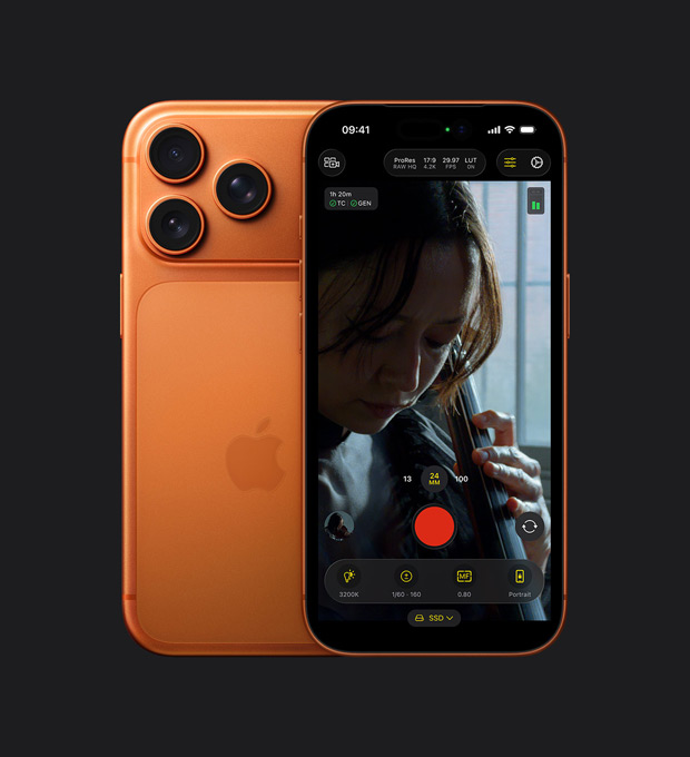 iPhone 17 Pro visto di fronte che mostra la funzione ProRes RAW durante la registrazione di una donna che suona il violoncello