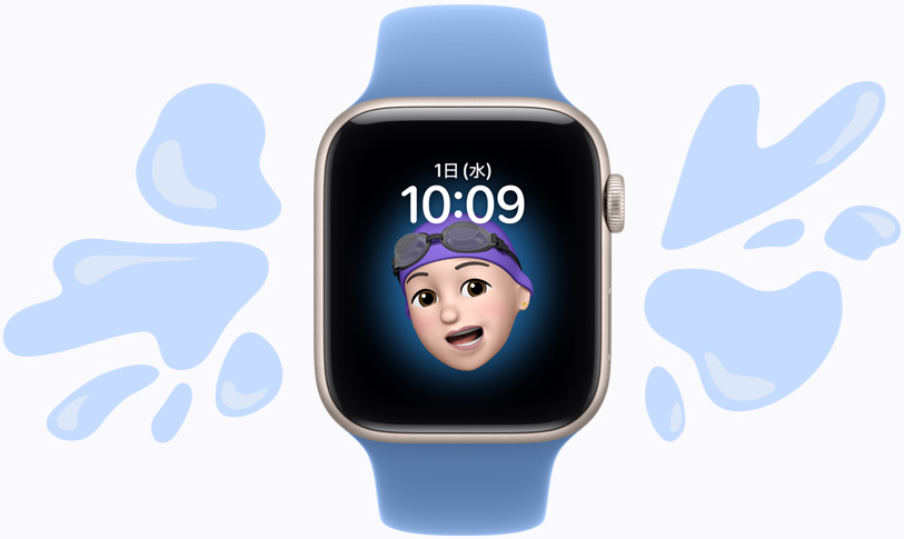 スターライトアルミニウムケースのApple Watch SE 3。ミー文字の文字盤。耐水性能を持つデバイスの周りに水がしぶきのように飛び散るイラスト。ワイルドフラワーブルーのスポーツバンド