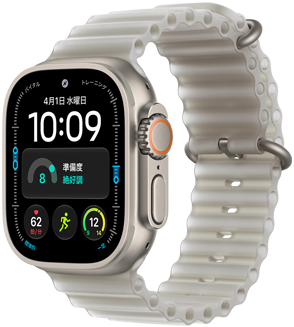 ナチュラルチタニウムケースのApple Watch Ultra 4。モジュラー文字盤。曜日と日付、準備度、心拍数、ランニングのワークアウト、天気のコンプリケーションが表示されている。外観の右側面には、Digital Crownと少し突き出たサイドボタン。オーシャンバンド、カラーはトランスルーセントグレイ