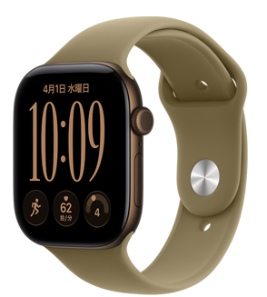 ダークブロンズのアルミニウムケースのApple Watch Series 12。モジュラーコンパクトの文字盤。曜日と日付、ランニングのワークアウト、心拍数、準備度のコンプリケーションが表示されている。外観の右側面には、Digital Crownとサイドボタン。オリーブのスポーツバンド