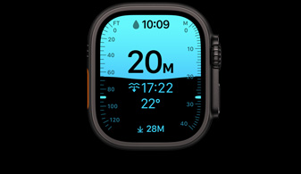 ブラックチタニウムケースのApple Watch Ultra 4。水深アプリにダイビングの測定値が表示されている。外観の右側面にはDigital Crown、少し突き出たサイドボタンがある